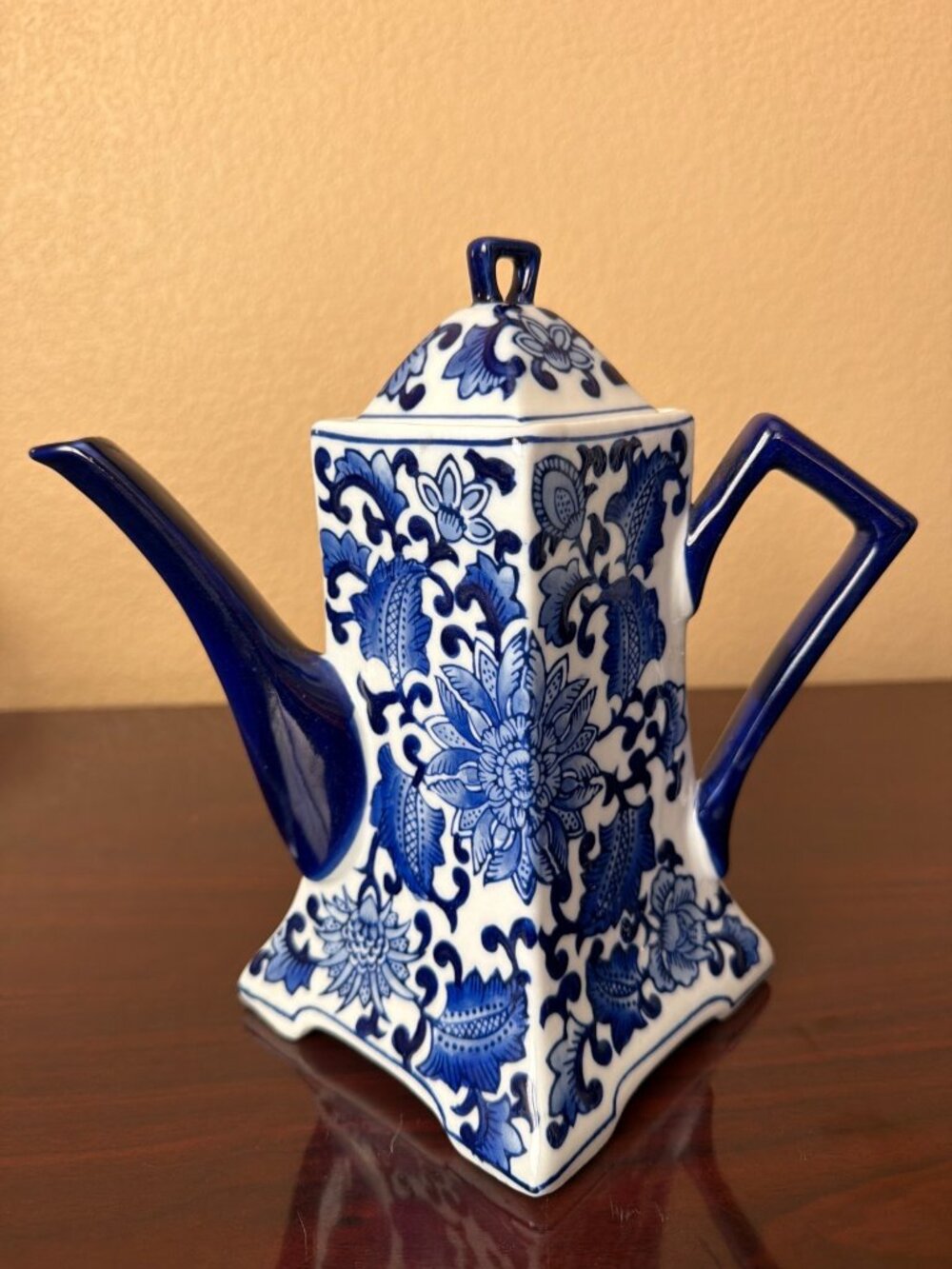 Vintage Blue White Ceramic Teapot Chinoiserie Floral Square Decor 9.5" - Picture 3 of 12